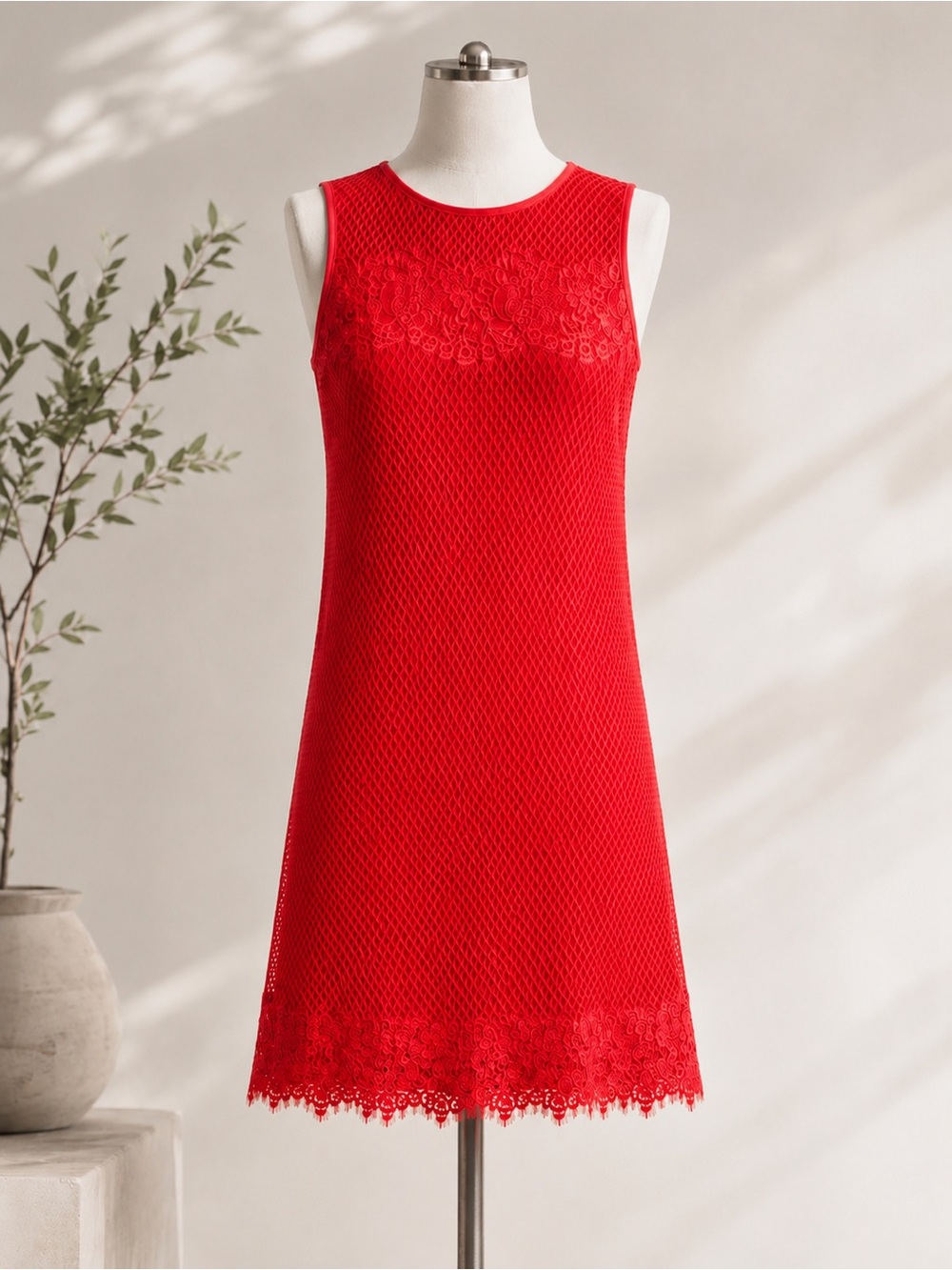 🌼MAX STUDIO🌼 Red Sleeveless Lace Overlay Mini Swing Dress, Size M